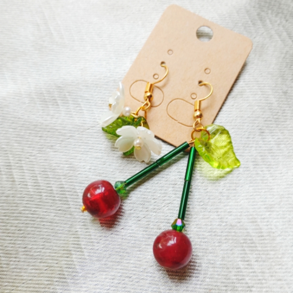 Cherry Blossom  Crystal Glass Bead Drop/Dangle  Earrings Artisan Made